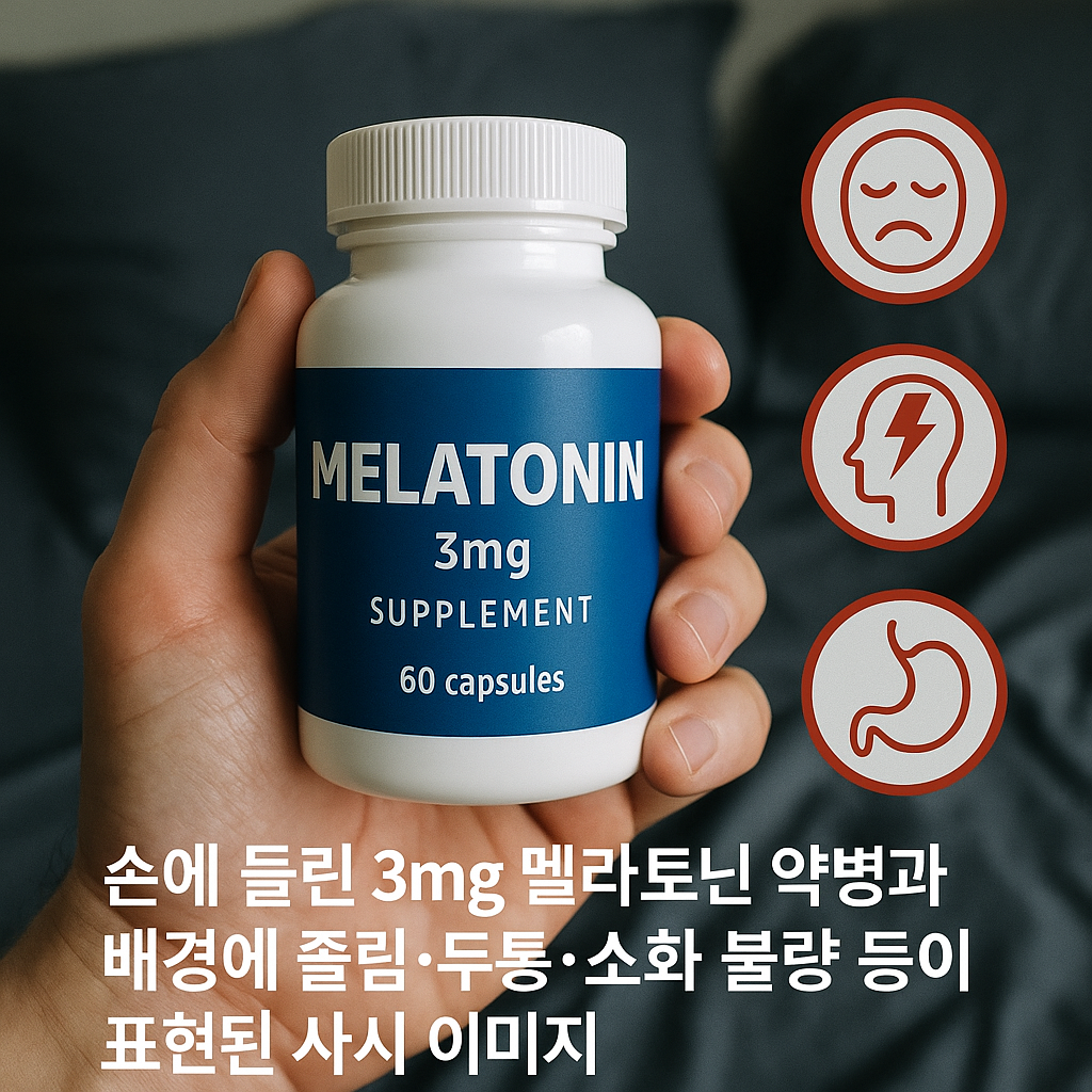 책상 위에 멜라토닌 영양제 병과 구미 형태의 보충제가 놓여 있고, 주변에 부작용 안내 문구가 배치된 실사형 이미지