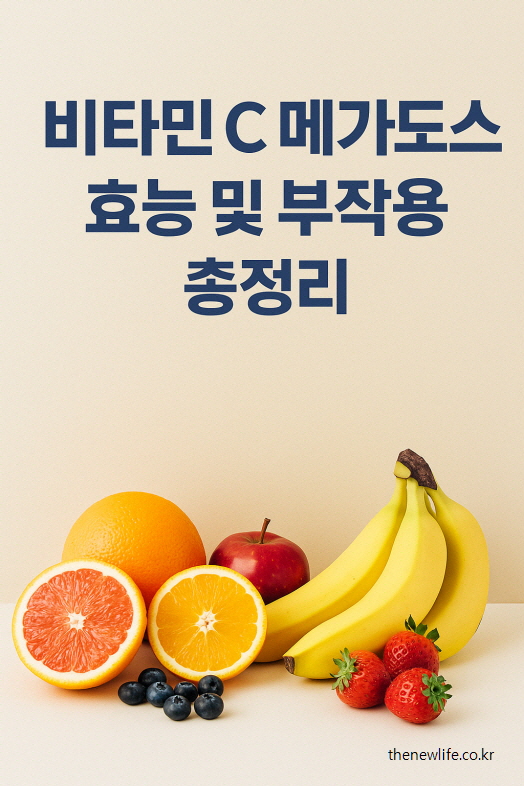 “비타민 C 메가도스 효능과 부작용 정리를 상징하는 과일 이미지와 제목 텍스트