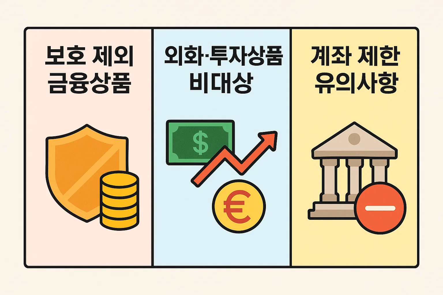 카카오뱅크 예금자보호에서 제외되는 금융상품, 외화·투자상품 비대상 항목, 계좌 제한 유의사항을 2025년 기준으로 정리한 설명용 인포그래픽
