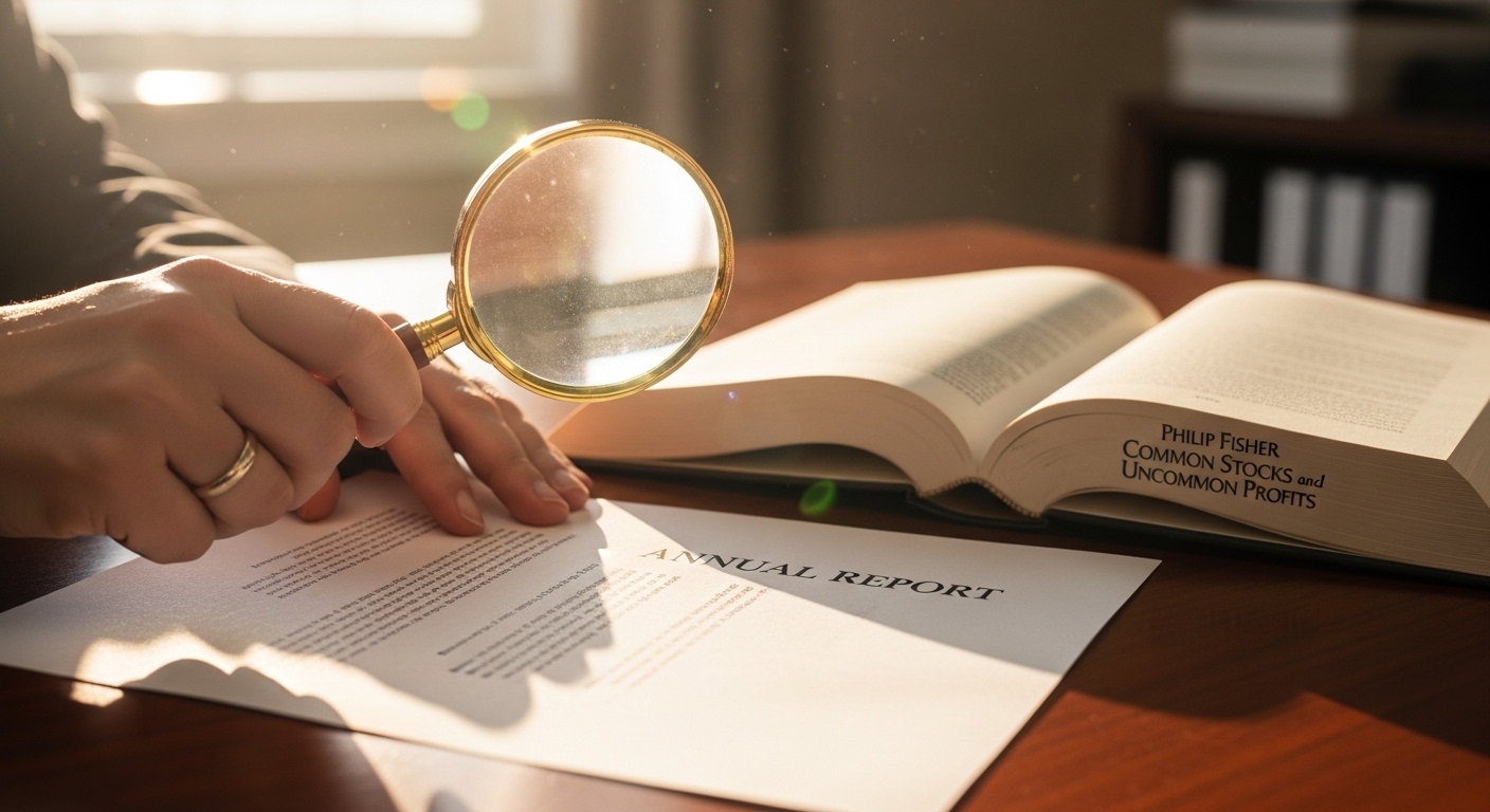 필립 피셔의 저서와 돋보기를 들고 위대한 기업을 정밀하게 분석하는 투자자의 모습