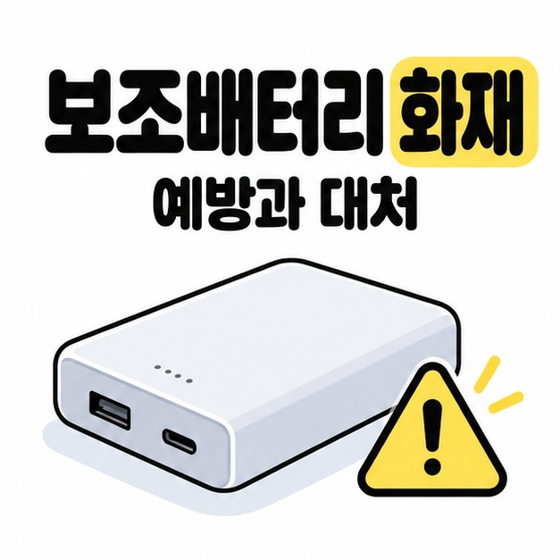 보조배터리 화재 예방과 대처 문구 아래 보조배터리와 주의 삼각형을 배치한 안내 그림