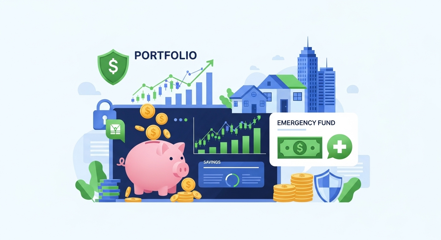 비상금 통장, 분산 투자 포트폴리오 차트, 보험 서류가 잘 정리된 모습. 안정적인 재테크를 상징합니다.