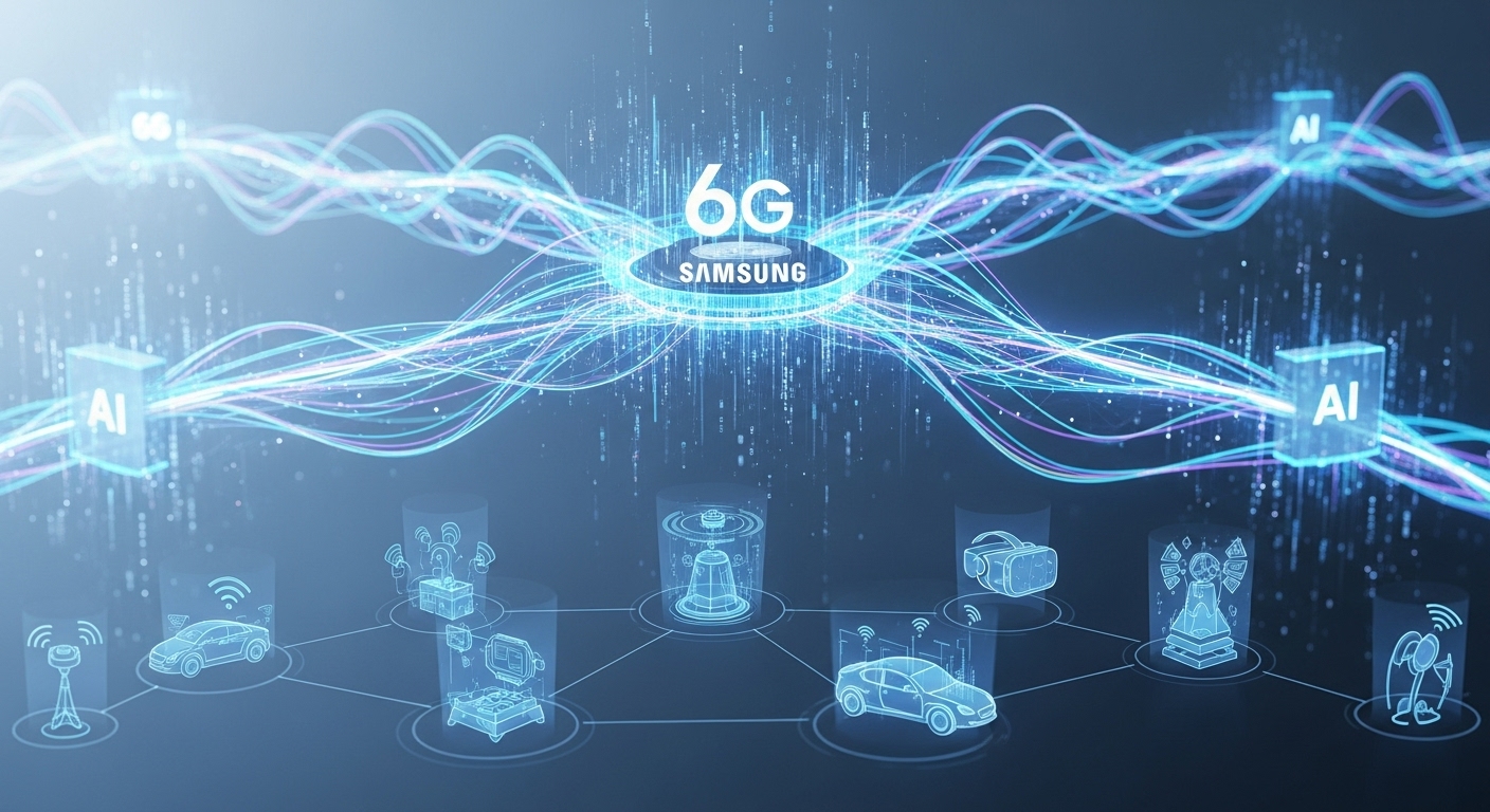 삼성전자가 실리콘밸리 미래 통신 서밋 2025에서 선보인 AI-RAN 기술 기반 6G 초연결 사회의 비전을 표현한 미래형 네트워크 인프라 이미지. 다양한 스마트 기기들이 AI 기반 데이터 스트림으로 유기적으로 연결된 모습이 강조되어 있습니다.