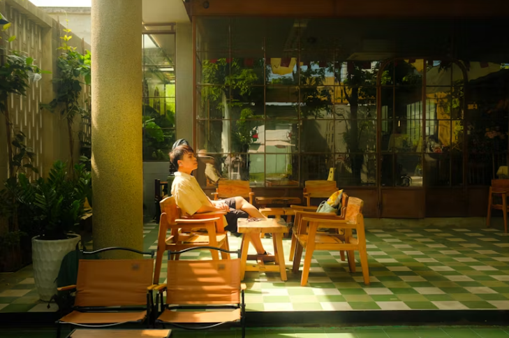 햇빛이 드는 카페에서 조용히 휴식 중인 남성의 모습