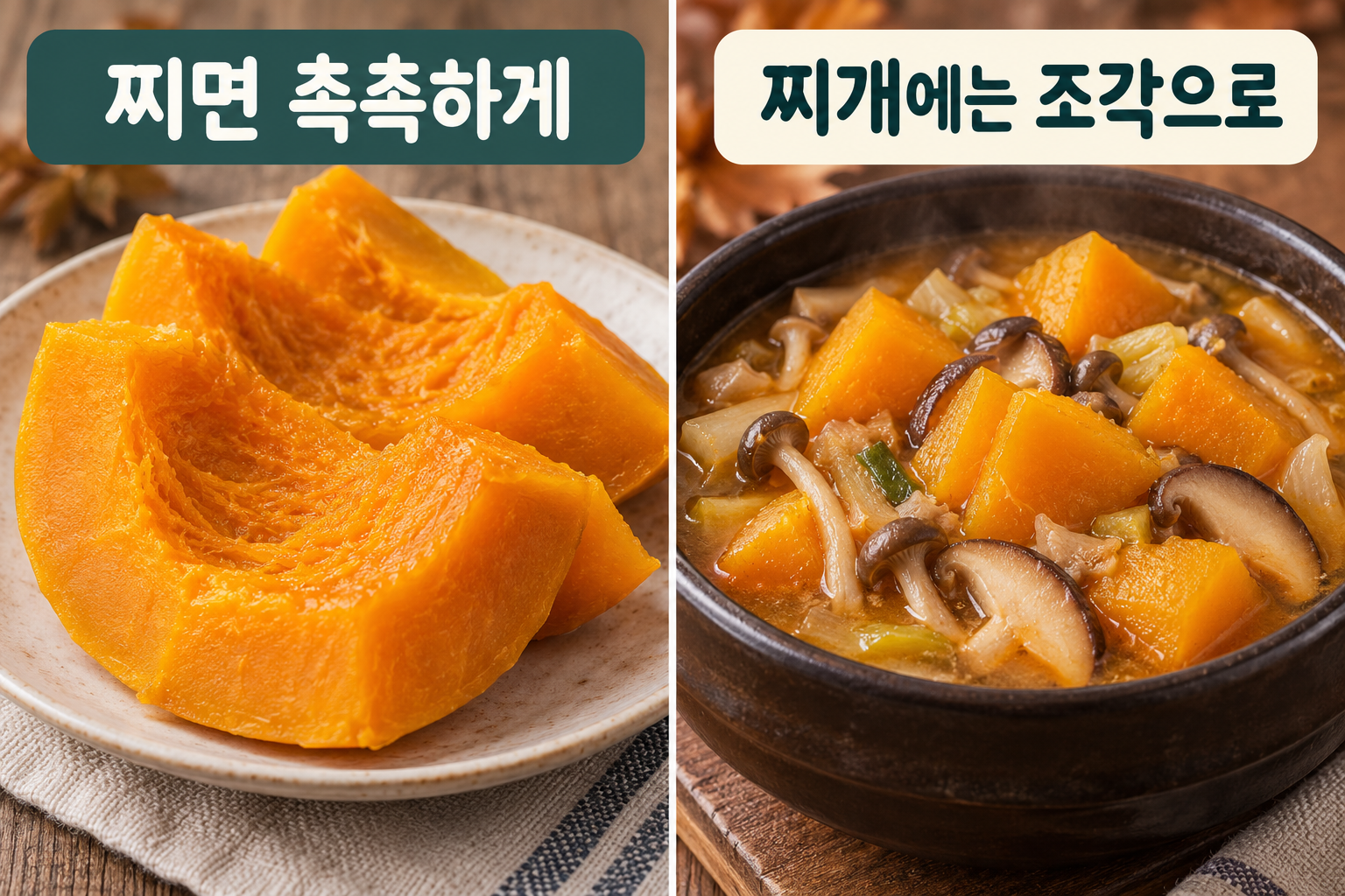 늙은호박 찜과 무&middot;버섯 등을 곁들인 늙은호박 찌개의 비교.