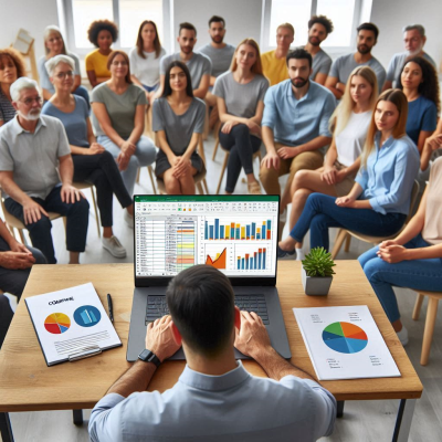 "분석 결과를 보고하는 사람과 이를 주의 깊게 듣는 사람들."