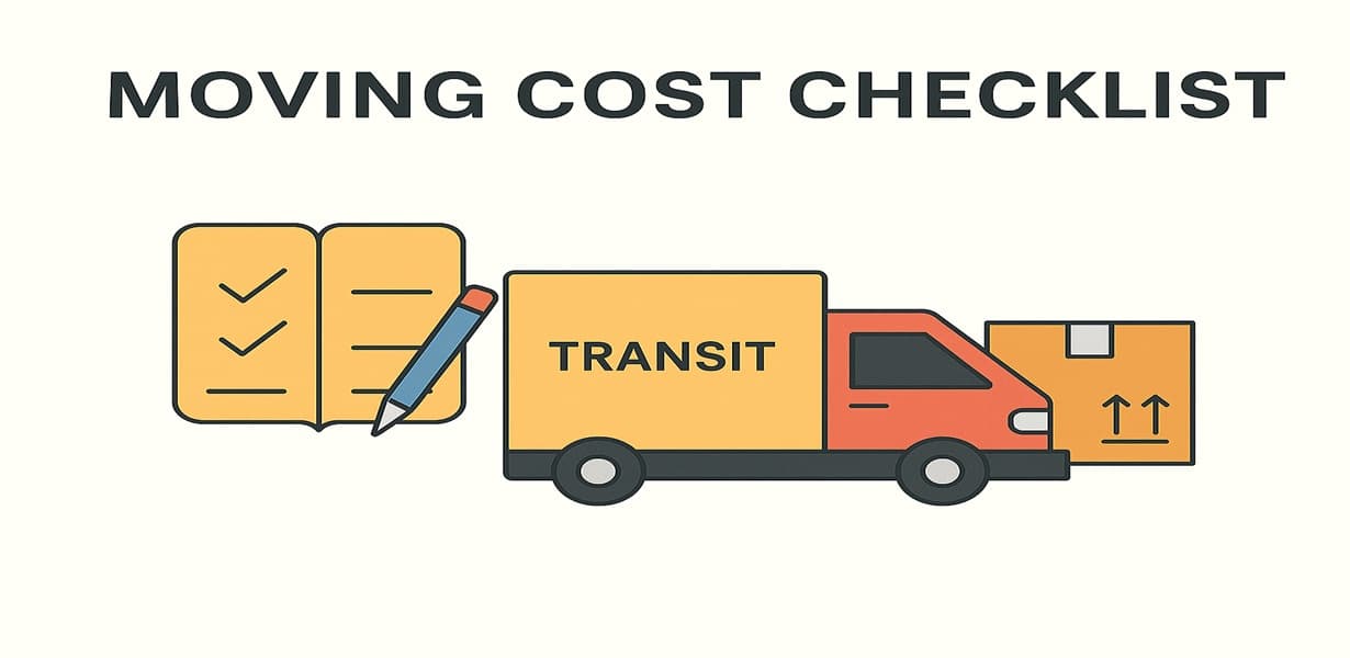 이사비용 체크리스트를 보여주는 트럭과 박스 일러스트