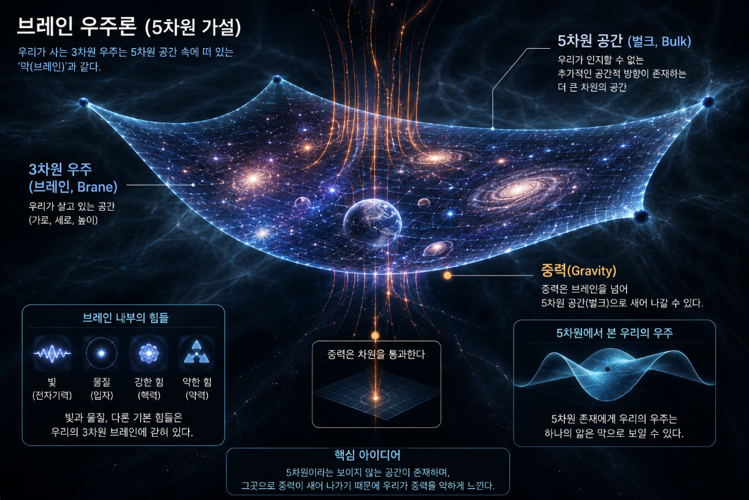 3차원 우주가 더 높은 차원의 공간 속에 떠 있으며 중력이 차원을 넘나드는 모습을 표현한 브레인 우주론 이미지