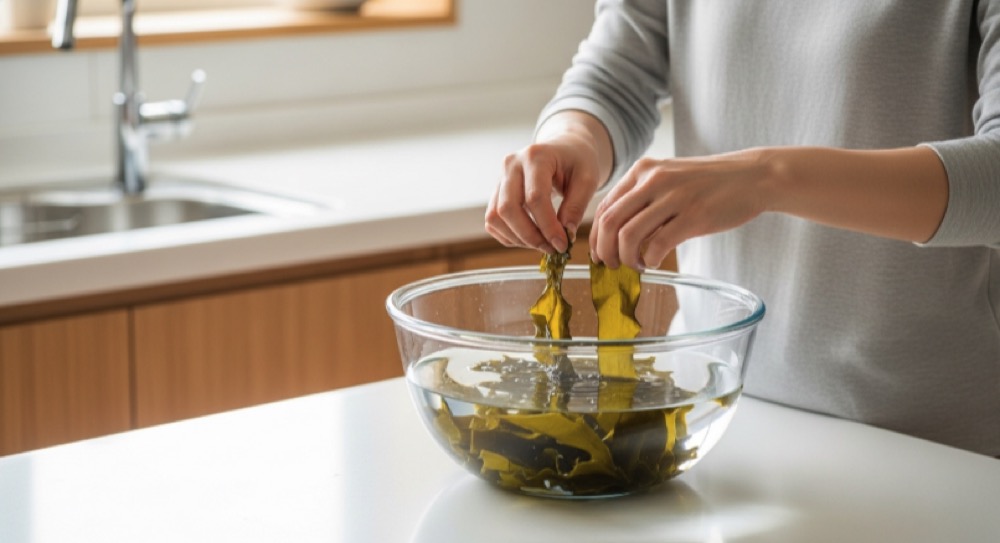 다시마를 물에 불려 섭취 준비