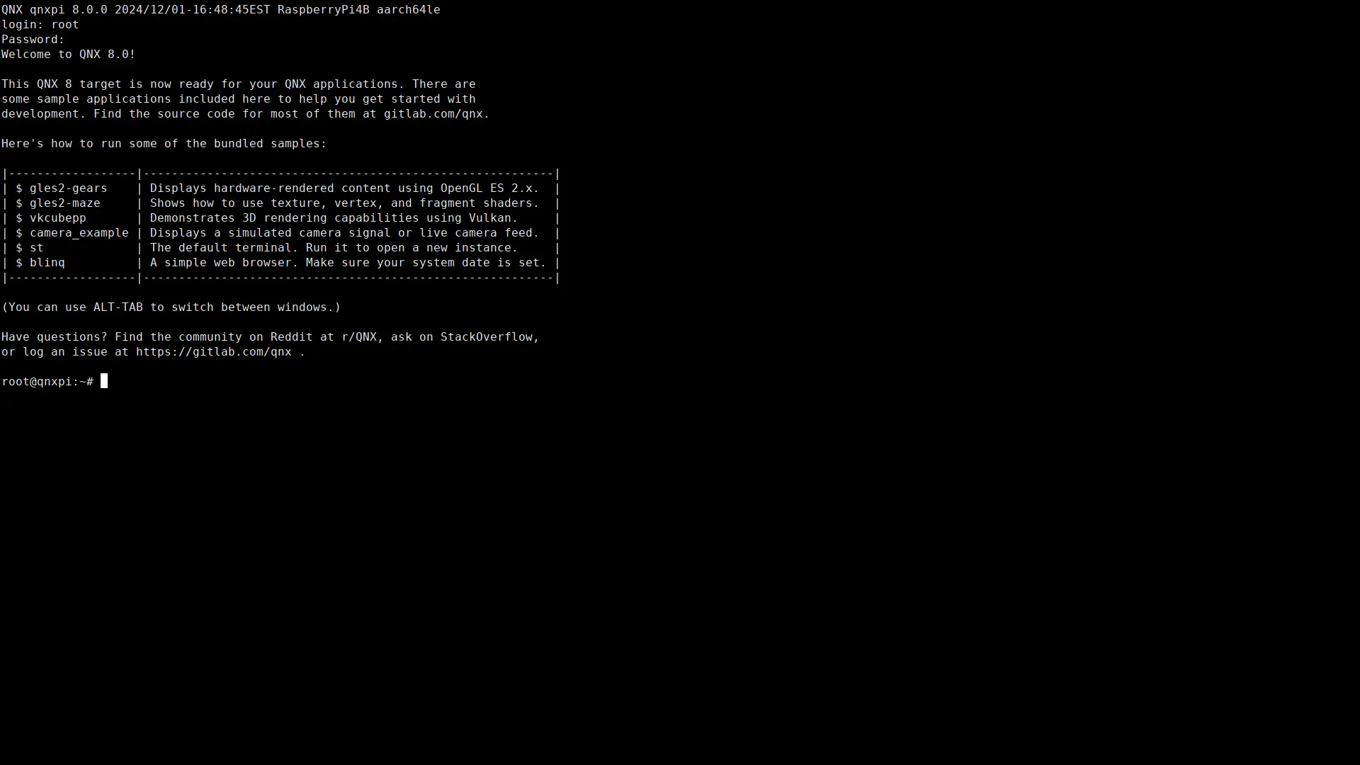 라즈베리파이 4에서 QNX OS 부팅 화면