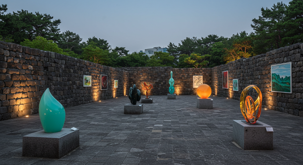 제주 현대미술관 야외 조각 공원의 돌담과 예술 작품
