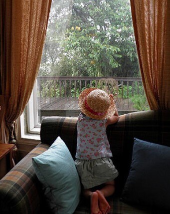 좌우로-갈색-커튼이-묶여있고-창밖으로-테라스와-프르른-마무들이-보이는-모습