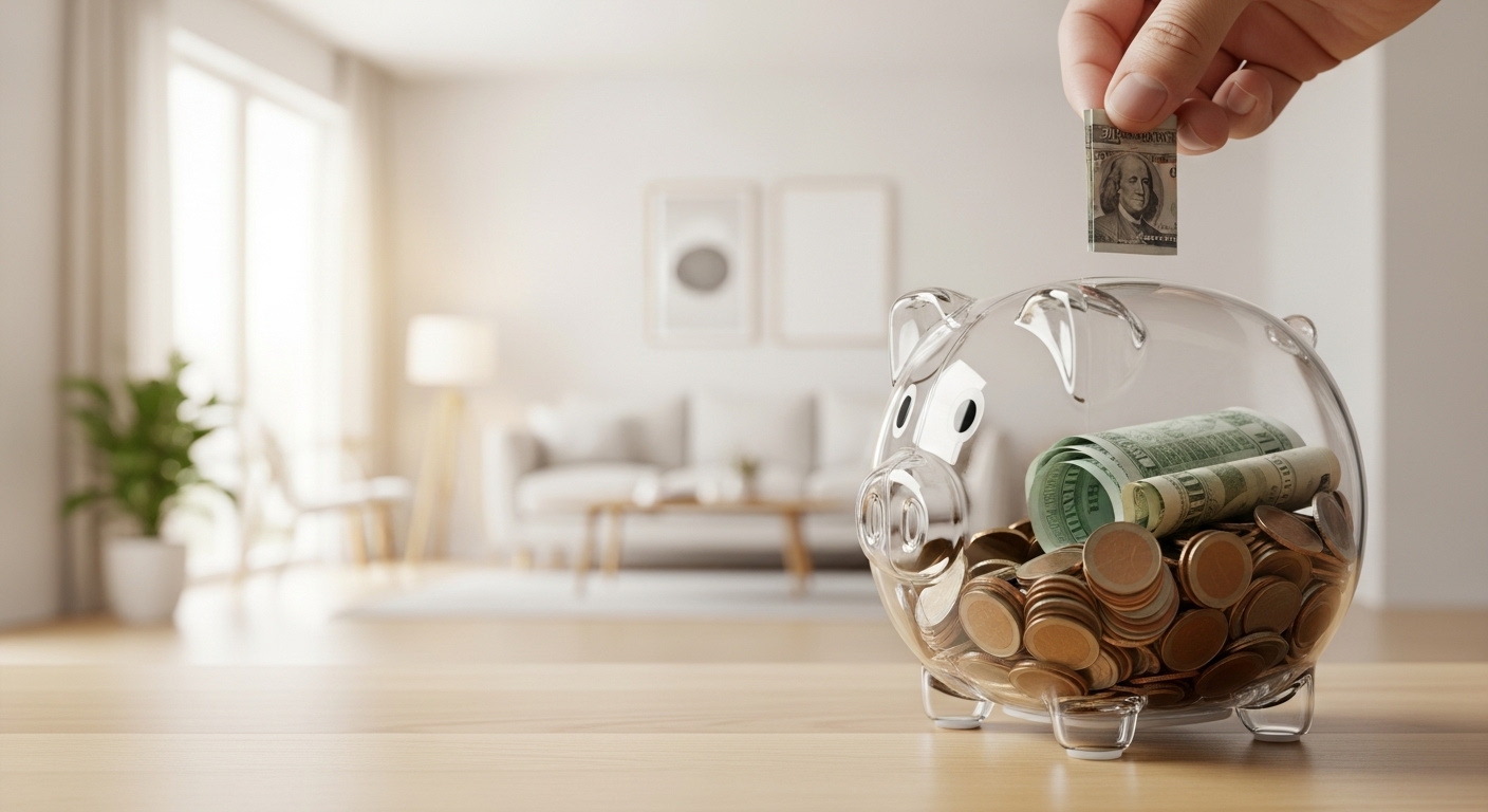 차곡차곡 돈이 쌓이고 있는 투명한 돼지 저금통과 그 뒤로 보이는 평온한 미니멀리즘 거실