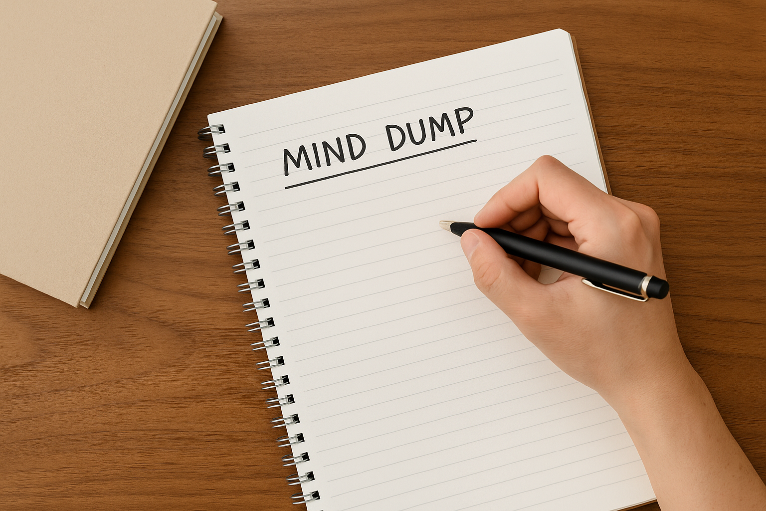 책상 위헤 펼쳐진 노트에 글을 써내려가는 모습. 마인드 덤프 루틴을 상징하는 차분하고 정돈된 환경이 표현됨.