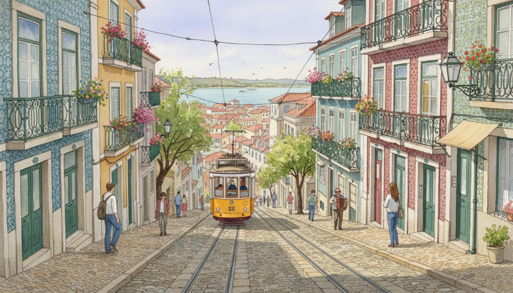 포르투갈 리스본의 낭만적인 노란색 트램과 골목길 풍경