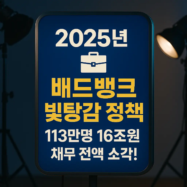 조명이 비추는 파란 간판에 “2025년 배드뱅크 빚탕감 정책 ❘ 113만명 16조원 채무 전액 소각!” 문구가 적힌 스튜디오 이미지