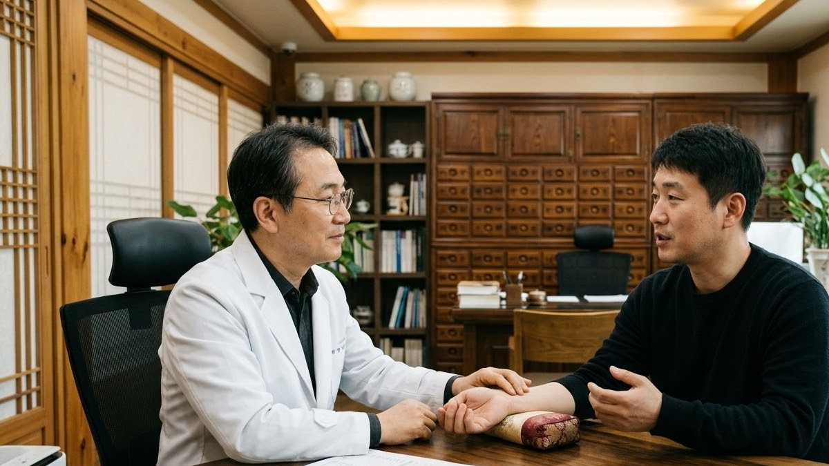 한의원 진료실에서 한의사가 환자의 맥을 짚으며 상담하는 모습