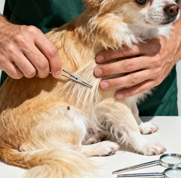 보호자의 손이 강아지 털을 헤치며 진드기를 찾는 모습