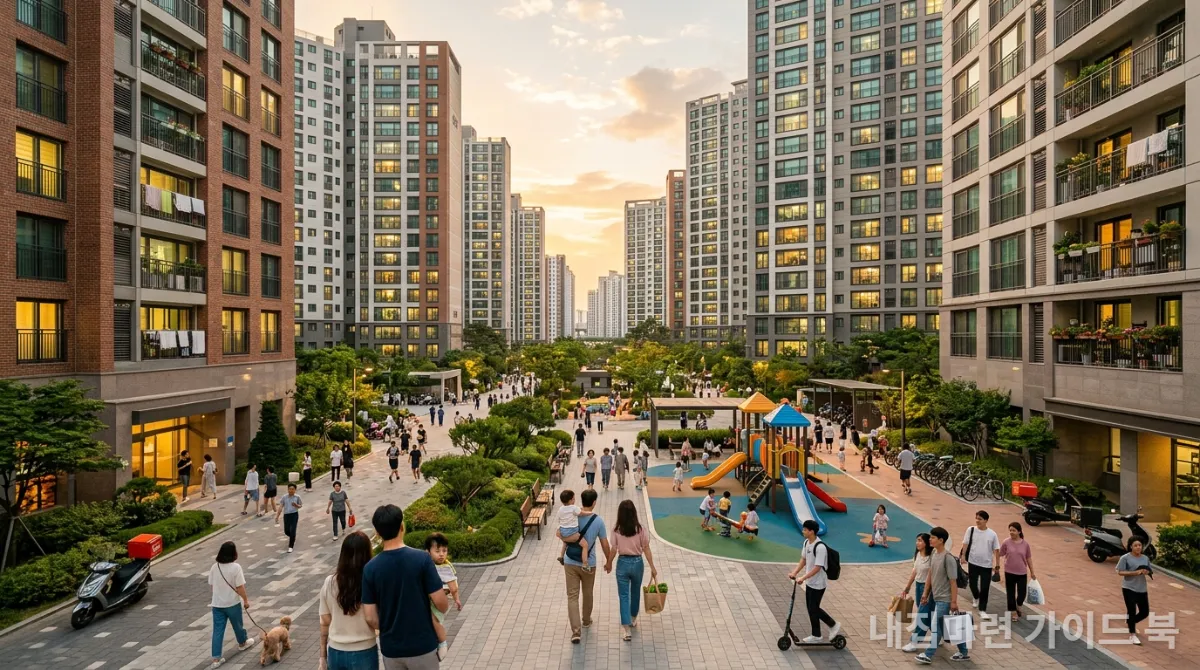 높은 인구 밀도를 보여주는 한국의 현대적인 아파트 단지와 다양한 가구 형태의 주민들