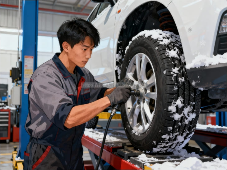 정비사가-자동차에-스노우타이어를-장착하고-있다.