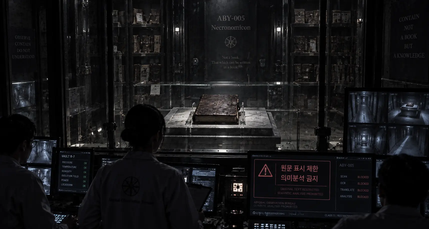 Multiple suspected Necronomicon editions sealed separately inside the Abyss Observation Bureau's restricted archive.