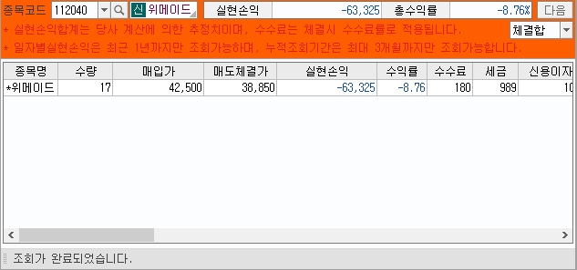 위에는 주황색 바탕에 왼쪽 상위에 종목코드는 숫자 종목명이 있으며 오른쪽 상위에는 수익금을 숫자로 표기 한 그림