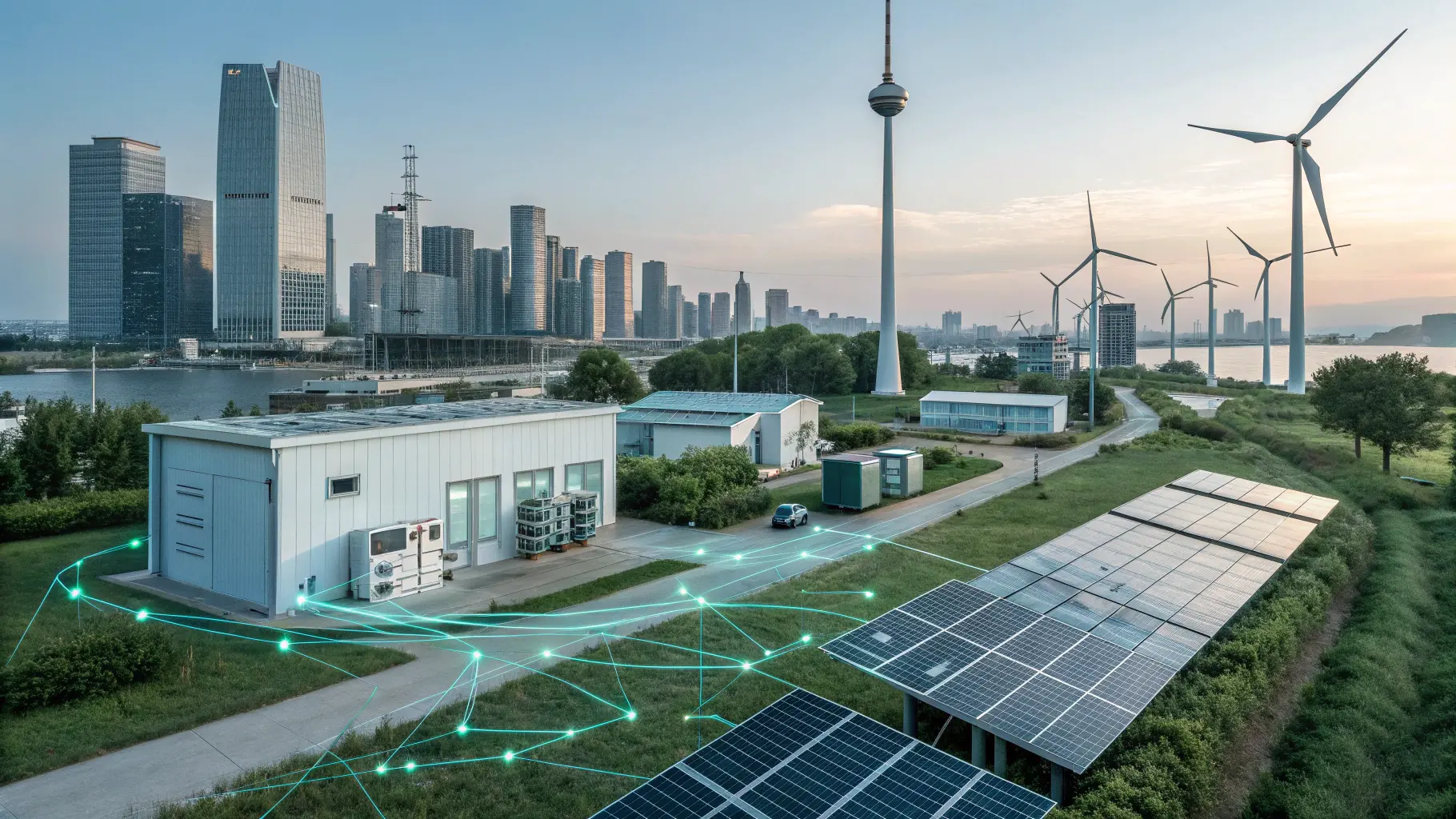 전고체 배터리 기반의 미래 에너지 생태계를 설명한 도시 이미지