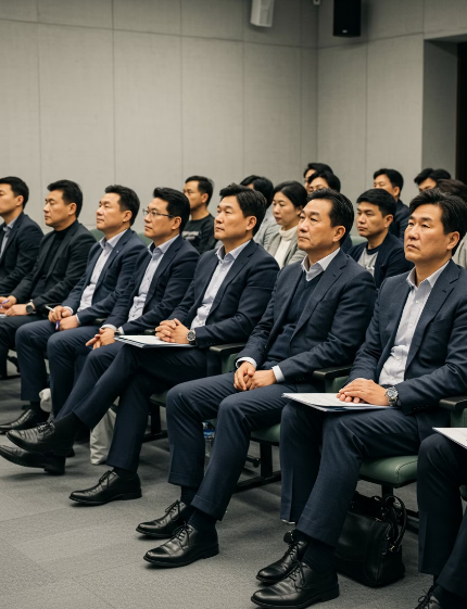 양수교육을 듣고 있는 50대 남성들