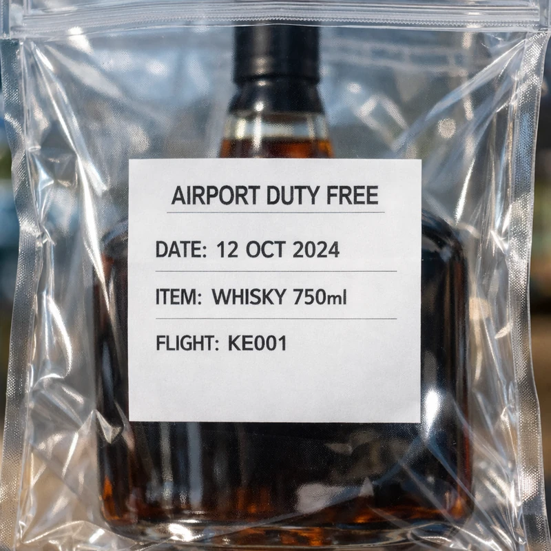 투명한 보안 봉인봉투(STEB) 안에 위스키 병과 영수증이 함께 들어 있는 모습을 정면에서 촬영한 이미지. 봉투 바깥쪽으로 영수증 내용이 선명하게 보인다.