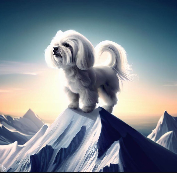 산 정상에 올라 대담한 모습으로 서 있는 말티즈의 모습