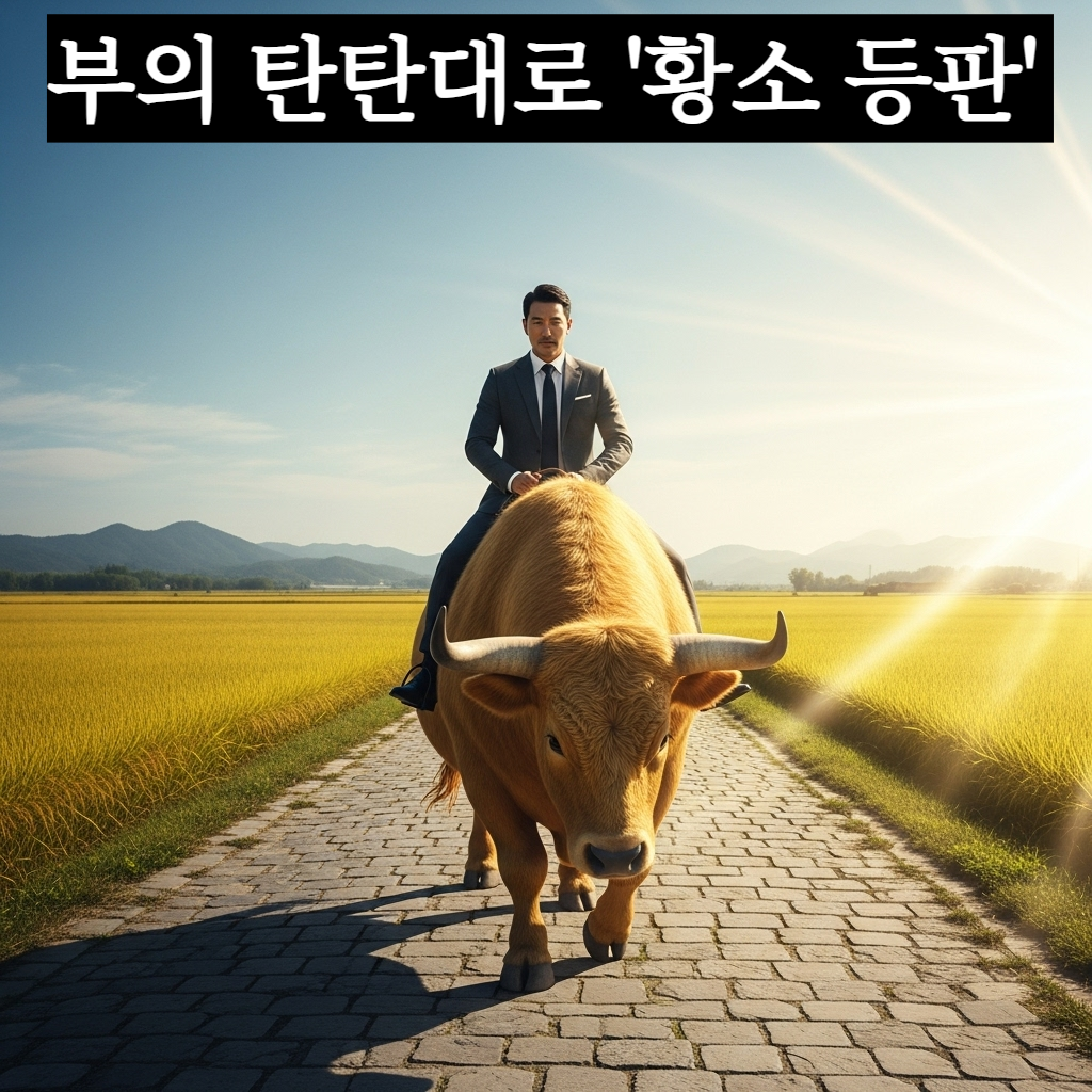 황금빛 들판 사이로 난 넓은 길을 거대한 황소 등에 올라타 평화롭고 당당하게 나아가고 있는 한국인 남성 리더의 모습