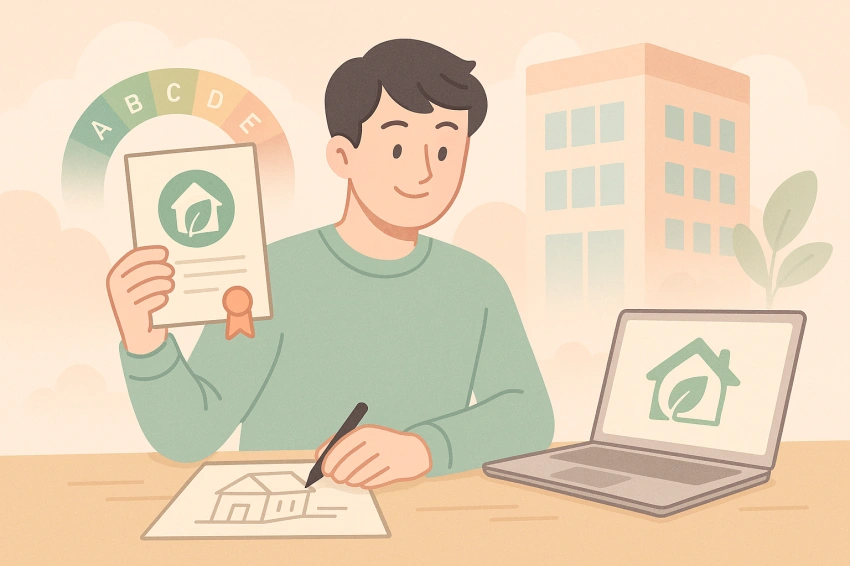 건축물에너지평가사 자격증을 획득 하고 좋아하고 있는 남성의 일러스트