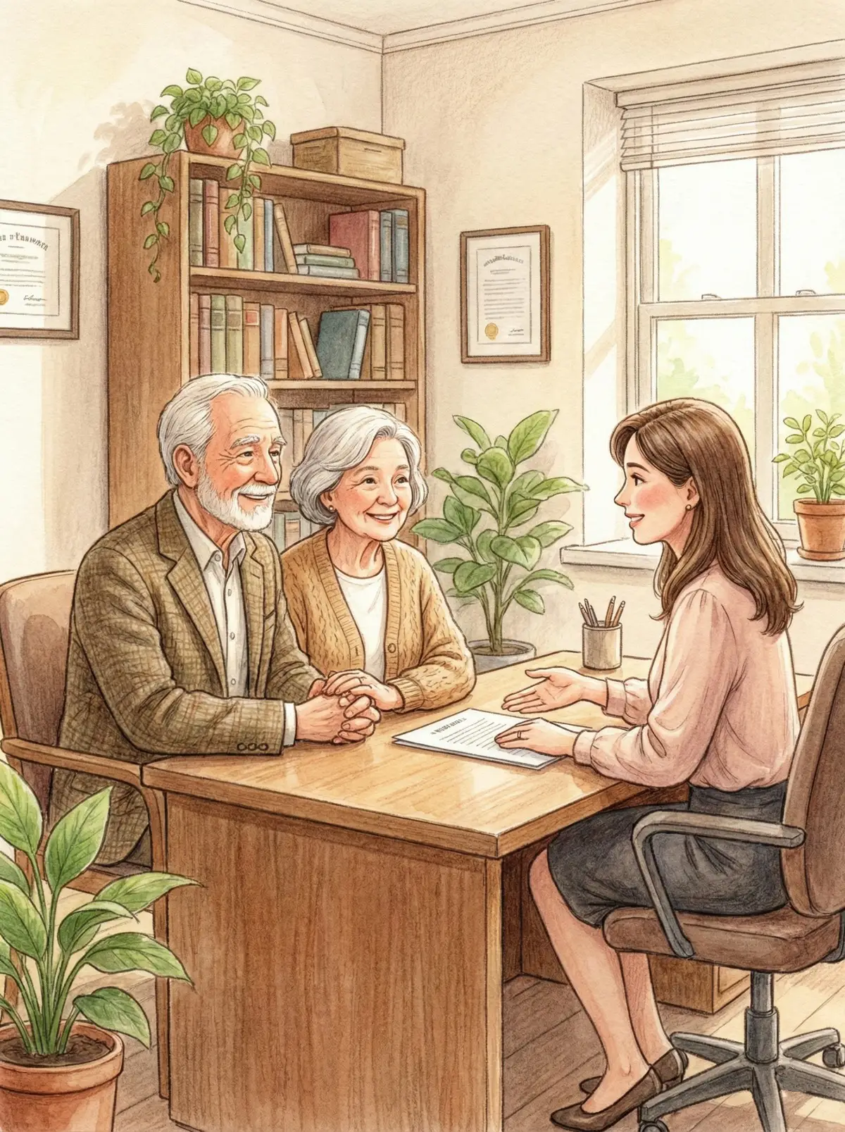 노년의 부부가 서로 손을 잡고 안심하는 표정으로 변호사와 상담하는 모습