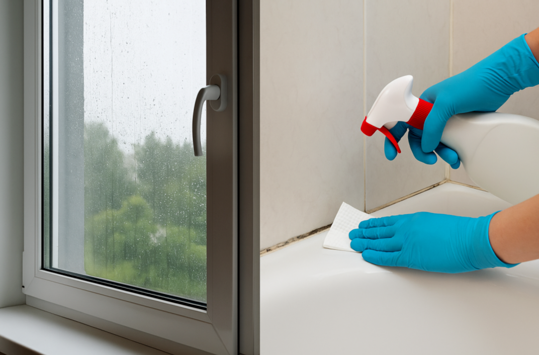 창문 곰팡이 제거와 욕실 청소를 위한 청소 장면, 장마철 곰팡이 예방 팁 이미지