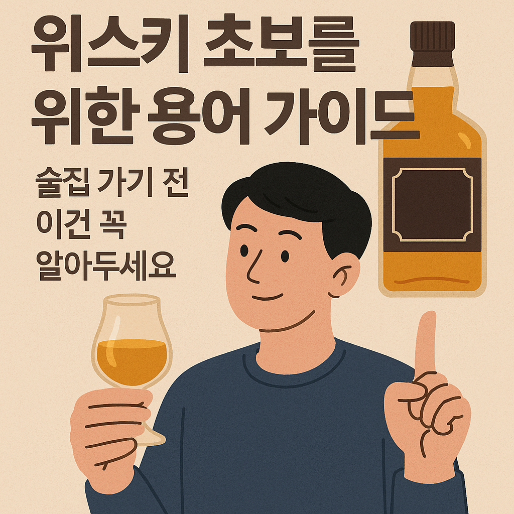 튤립잔에 위스키를 들고 한 손을 든 남성이 있는 '위스키 초보를 위한 용어 가이드, 술집 가기 전 이건 꼭 알아두세요' 문구의 감성 일러스트