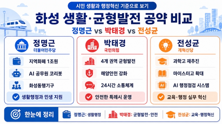 2026 화성시장 후보 공약 비교 정명근 박태경 전성균 핵심정리