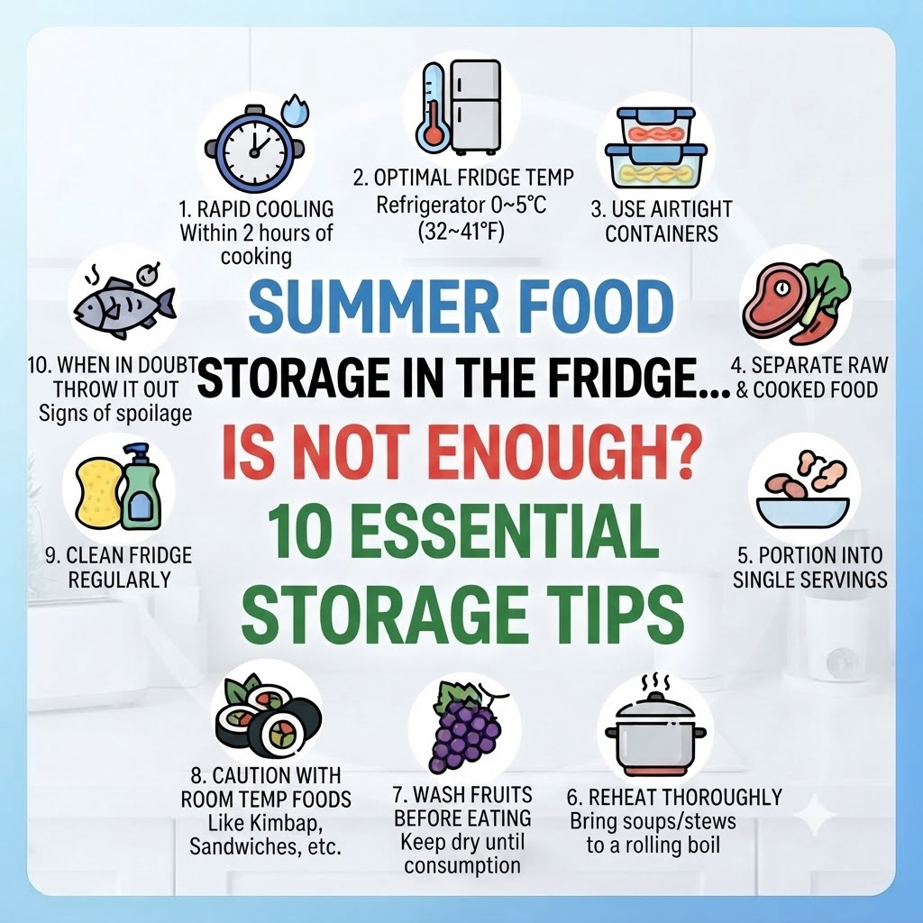 Summer Food Storage Tips Thumbnail. Essential guide on how to keep food fresh in hot weather with 10 practical tips including quick refrigeration, temperature control, and avoiding food poisoning.