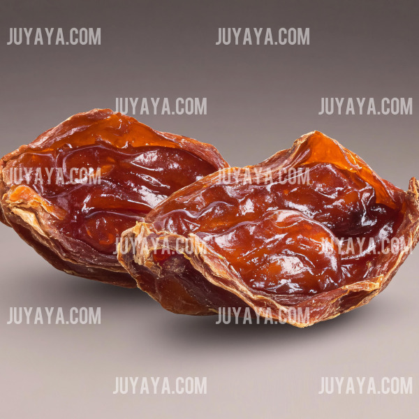 반으로 갈라진 말린 대추의 내부 모습. 달콤하고 쫄깃한 질감이 돋보이는 대추 디저트 재료.