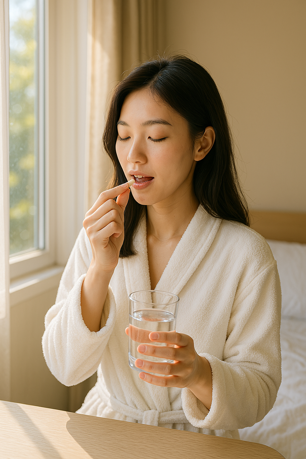 아침에 영양제 섭취중인 여성
