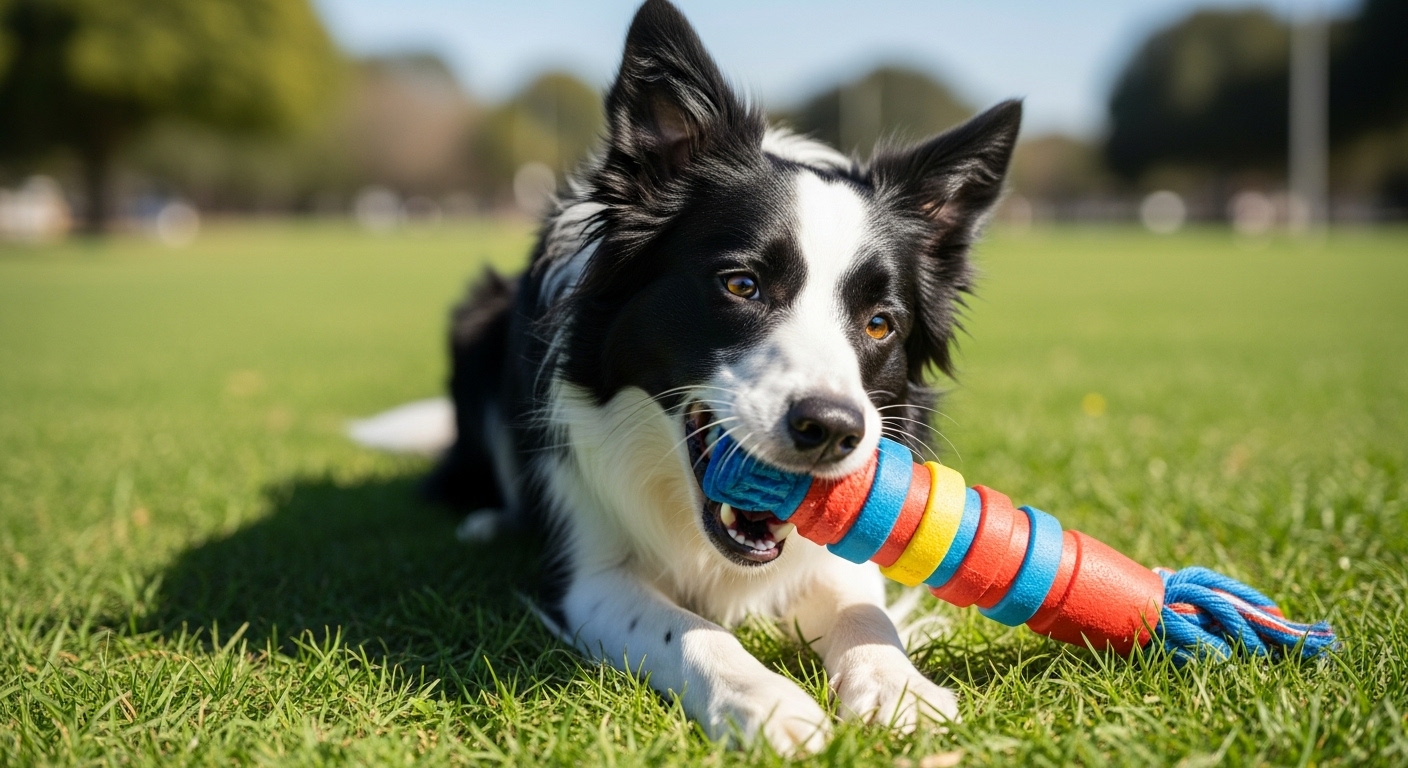 공원에서 재활용 소재로 만든 장난감을 즐겁게 물고 뜯고 있는 강아지의 활기찬 모습