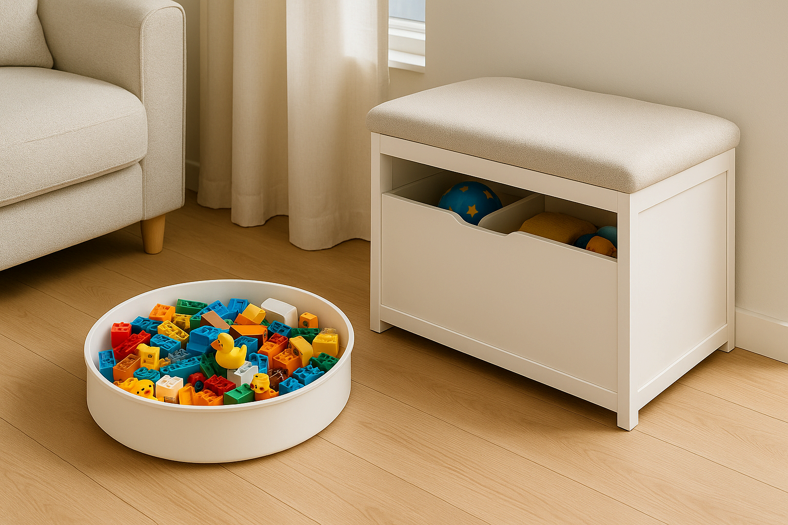 회전 트레이에 작은 장난감이 정리되고 옆에는 장난감이 들어간 수납 벤치가 놓인 모습