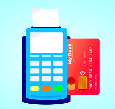 다홍색 신용카드를 하늘색 계산기 옆에 꽂아서 카드 결제를 하고 있다.