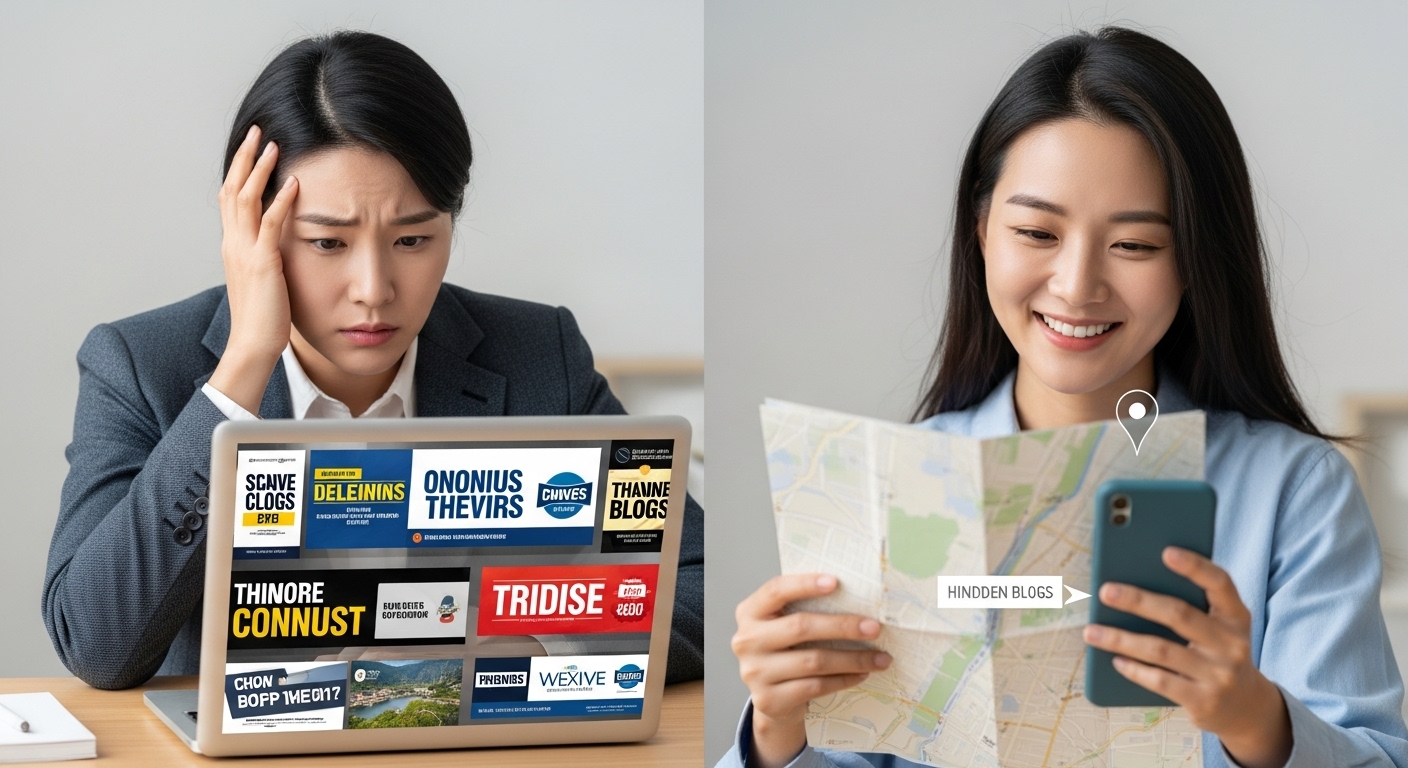광고 가득한 블로그를 보며 좌절하다가, 지도 앱에서 숨은 명소를 발견하고 기뻐하는 모습의 대비