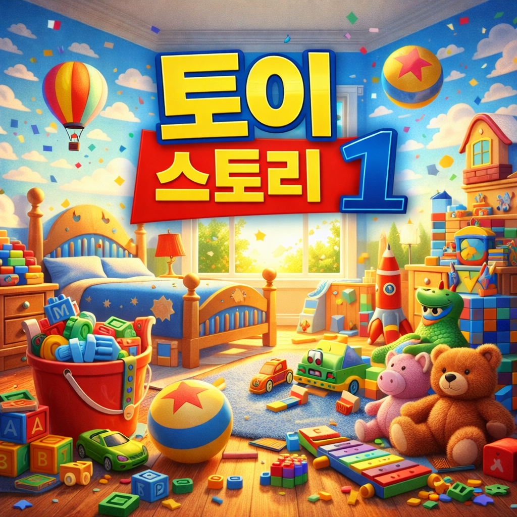 장난감들이 널부러져 있는 어린이 방
제목 토이 스토리 1 문구가 삽입되어있음.