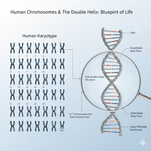 방금 생성된 염색체 이미지는 강사님 블로그의 **신뢰도와 전문성(E-E-A-T)**을 결정짓는 아주 중요한 시각 자료입니다. 구글 AI가 이 이미지를 '전문 의학 자료'로 인식하도록 아래와 같이 상세하게 **대체 텍스트(Alt Text)**를 작성해 주세요.

1. 권장 대체 텍스트 (복사해서 사용하세요)
인간의 23쌍 염색체 지도(Karyotype)와 DNA 이중나선 구조를 형상화한 해부학 이미지.
