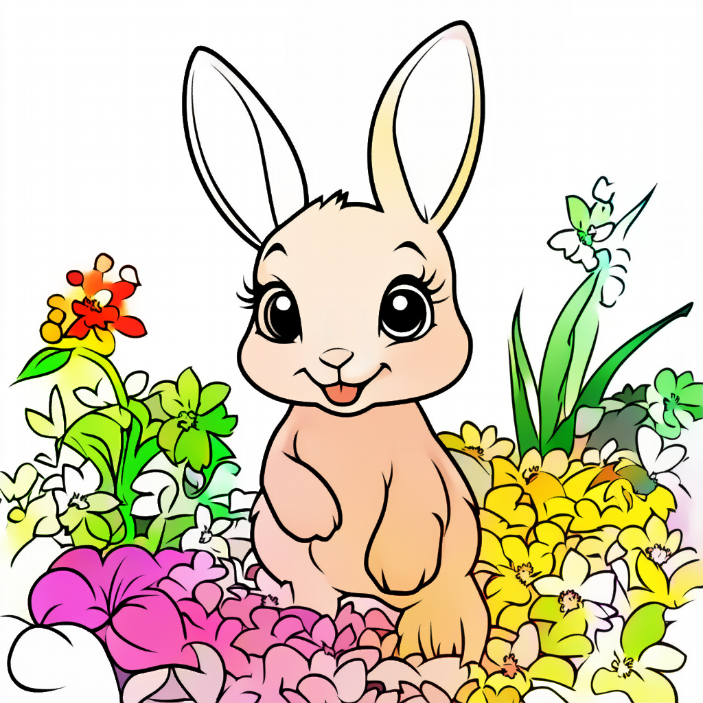 꽃밭에 있는 귀여운 토끼 색칠후
