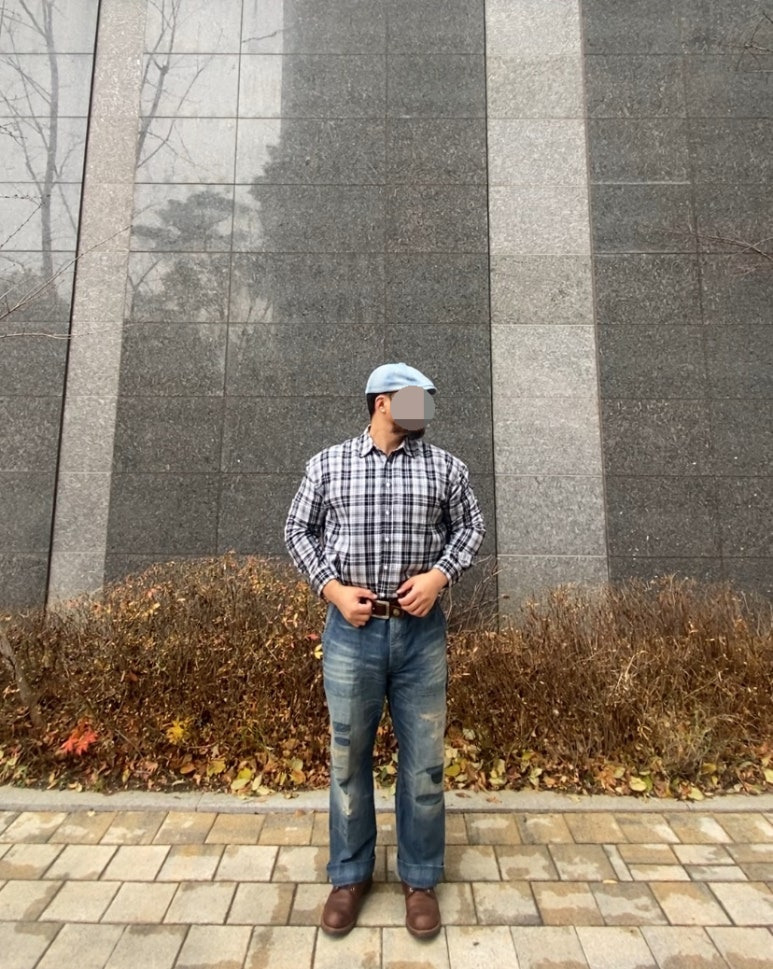 데일리룩('25. 11. 25.)유니버셜케미스트리 데님워싱 베레모 헌팅캡, 스탠다드에러 미스티 포켓 체크셔츠, 레드윙 아이언레인저 앰버하니스, 폴로랄프로렌 빈티지 워싱 청바지 팬츠