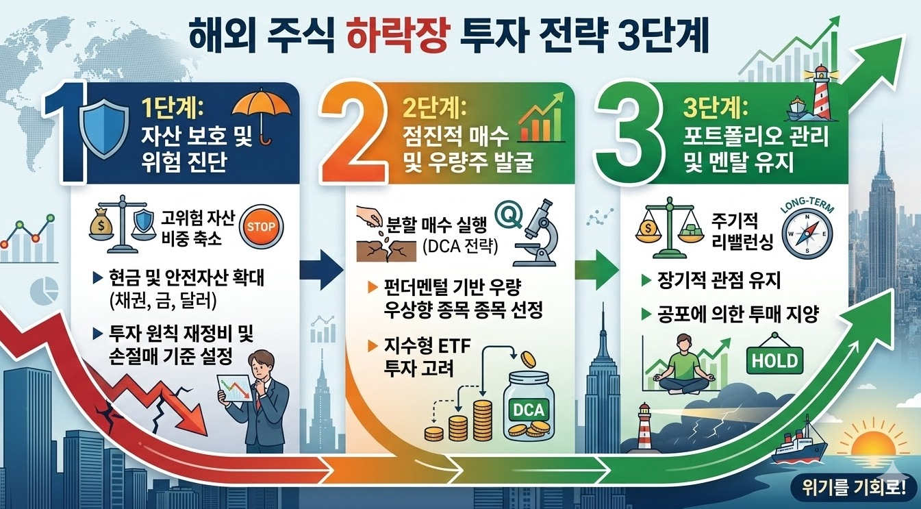 해외 주식 하락장 투자 전략 3단계 인포그래픽 이미지