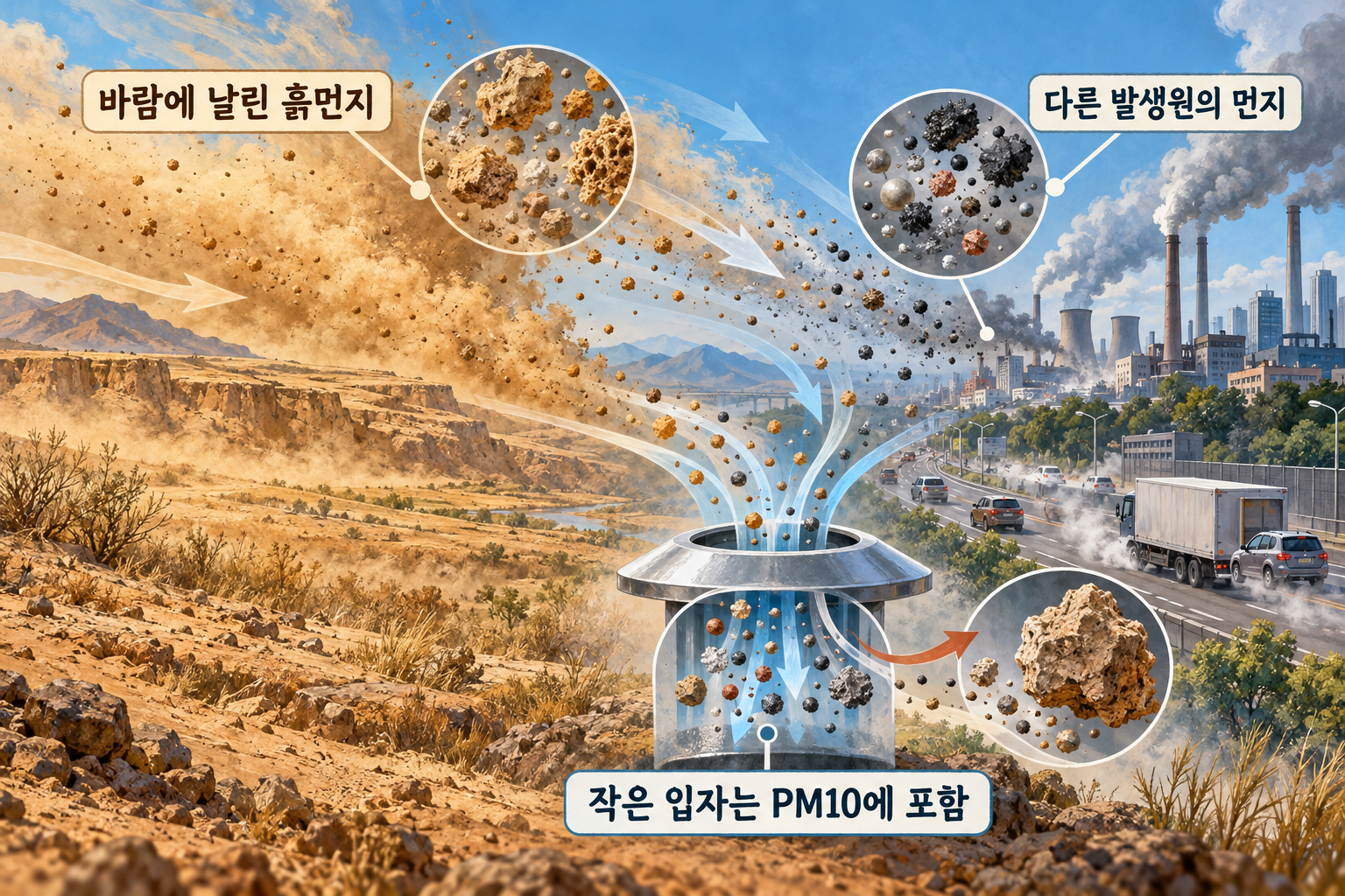 흙먼지의 이동과 도시 발생 입자가 PM10 관측에 함께 포함될 수 있음을 보여주는 그림