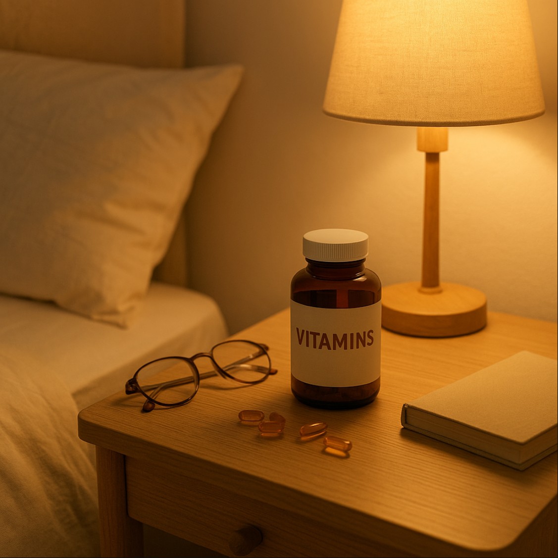 피로회복 영양제 침대 옆 탁자 위 영양제와 따뜻한 조명